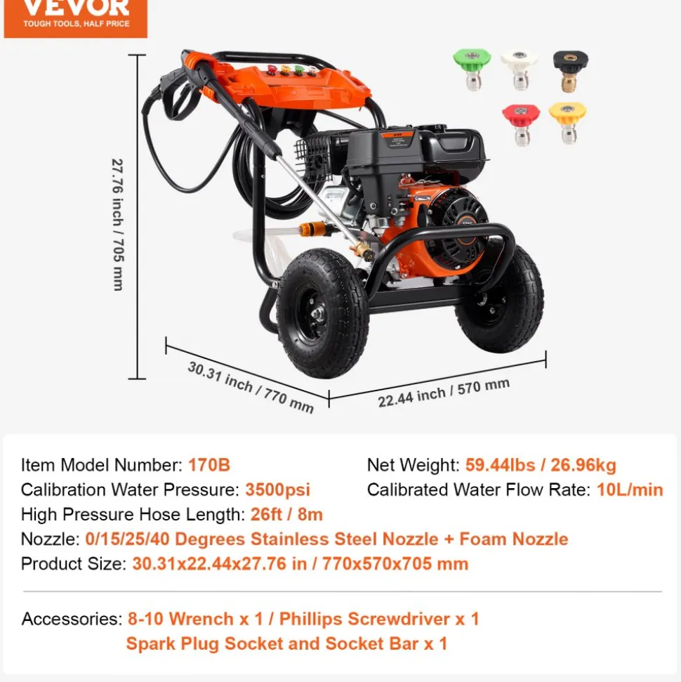 VEVOR Gas Pressure Washer, 3500 PSI 2.6 GPM, Gas Powered Pressure Washer with Aluminum Pump, Spray Gun and Extension Wand, 5 Nozzle Set, for Cars, Fences, Homes, Driveways, Patios, Furniture, Horizontal