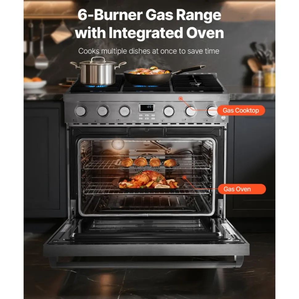 VEVOR Gas Range Oven, 35.9 Inches Width, Freestanding Stainless Steel Stove and Oven with 6 Sealed Cooktop Burners, Easy Reach Racks, Halogen Light, 6.0 Cu. Ft. Capacity, for Apartment, Home, Kitchen