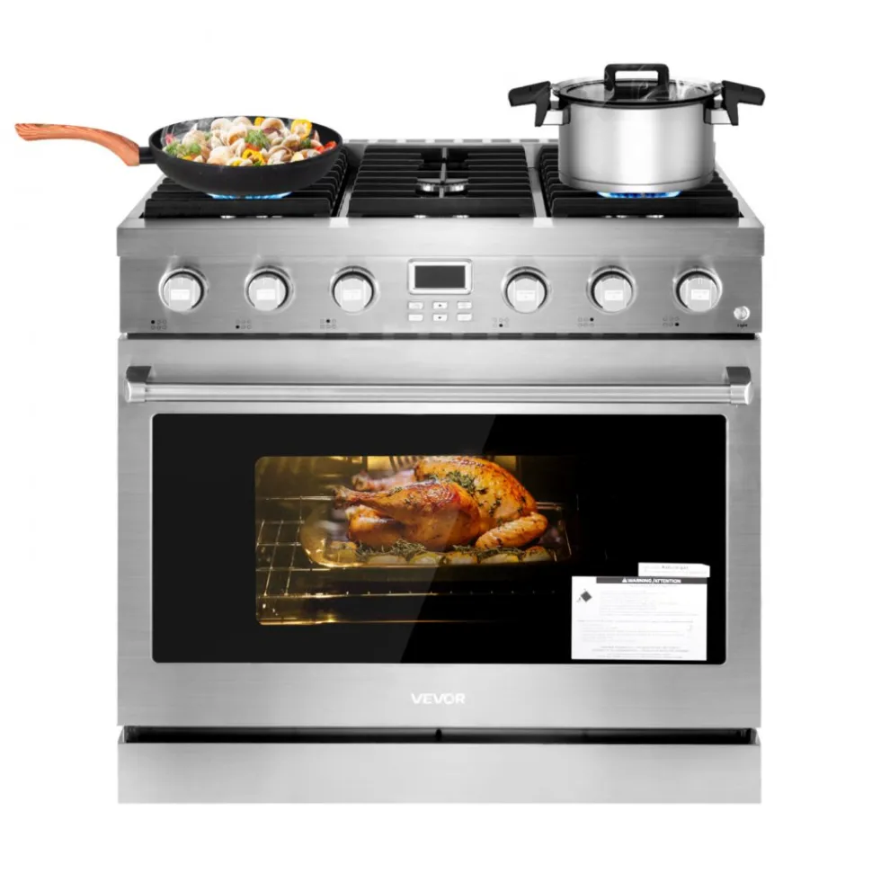 VEVOR Gas Range Oven, 35.9 Inches Width, Freestanding Stainless Steel Stove and Oven with 6 Sealed Cooktop Burners, Easy Reach Racks, Halogen Light, 6.0 Cu. Ft. Capacity, for Apartment, Home, Kitchen