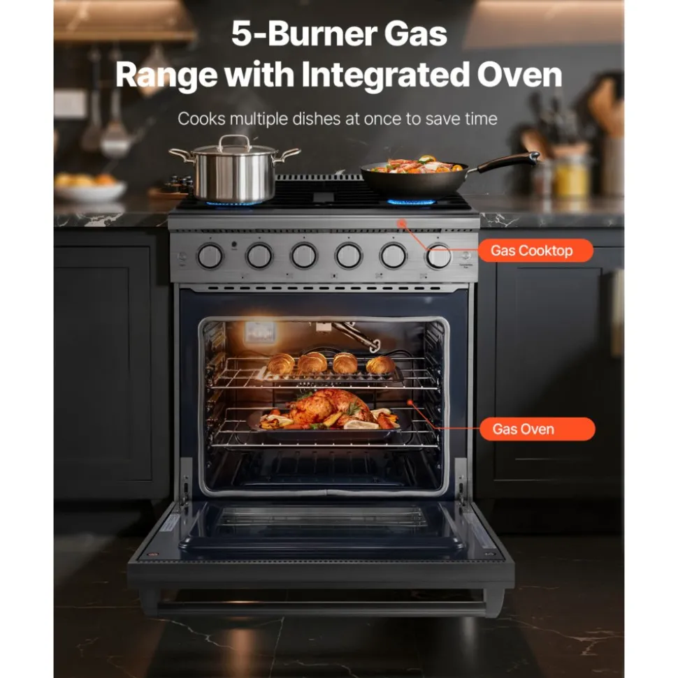 VEVOR Gas Range Oven, 30 Inches Width, Freestanding Stainless Steel Stove and Oven with 5 Sealed Cooktop Burners, Easy Reach Racks, 4.8 Cu. Ft. Capacity, for Apartment, Home, Kitchen