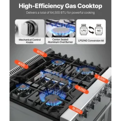 VEVOR Gas Range Oven, 30 Inches Width, Freestanding Stainless Steel Stove and Oven with 5 Sealed Cooktop Burners, Easy Reach Racks, 4.8 Cu. Ft. Capacity, for Apartment, Home, Kitchen