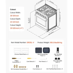 VEVOR Gas Range Oven, 30 Inches Width, Freestanding Stainless Steel Stove and Oven with 5 Sealed Cooktop Burners, Easy Reach Racks, 4.8 Cu. Ft. Capacity, for Apartment, Home, Kitchen