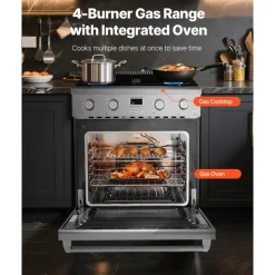 VEVOR Gas Range Oven, 29.9 Inches Width, Freestanding Stainless Steel Stove and Oven with 4 Sealed Cooktop Burners, Easy Reach Racks, Halogen Light, 4.8 Cu. Ft. Capacity, for Apartment, Home, Kitchen