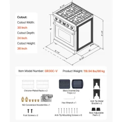 VEVOR Gas Range Oven, 29.9 Inches Width, Freestanding Stainless Steel Stove and Oven with 4 Sealed Cooktop Burners, Easy Reach Racks, Halogen Light, 4.8 Cu. Ft. Capacity, for Apartment, Home, Kitchen