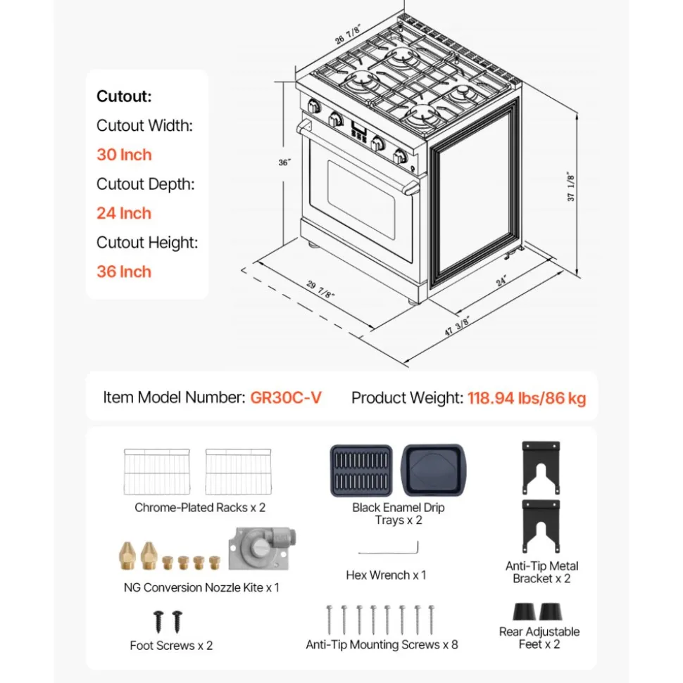 VEVOR Gas Range Oven, 29.9 Inches Width, Freestanding Stainless Steel Stove and Oven with 4 Sealed Cooktop Burners, Easy Reach Racks, Halogen Light, 4.8 Cu. Ft. Capacity, for Apartment, Home, Kitchen