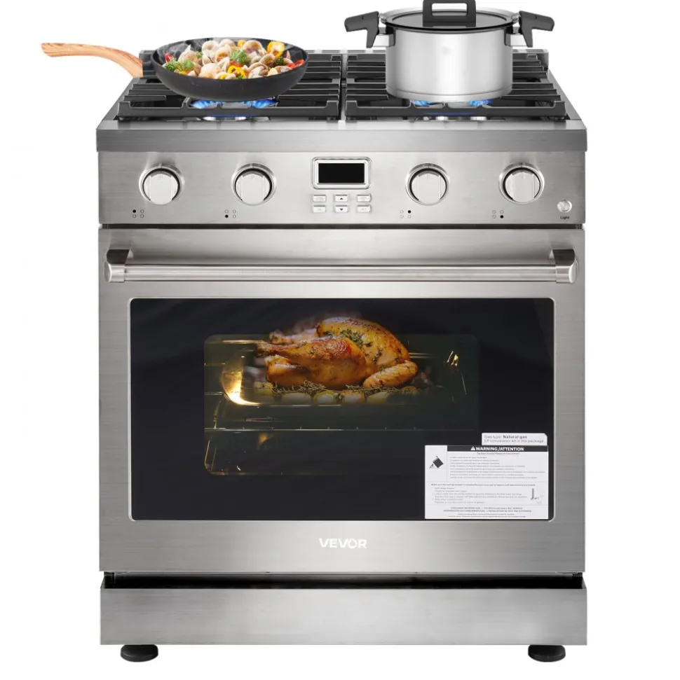 VEVOR Gas Range Oven, 29.9 Inches Width, Freestanding Stainless Steel Stove and Oven with 4 Sealed Cooktop Burners, Easy Reach Racks, Halogen Light, 4.8 Cu. Ft. Capacity, for Apartment, Home, Kitchen