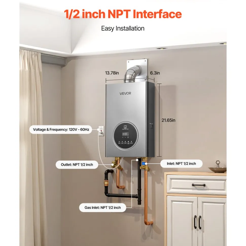 VEVOR Gas Tankless Water Heater, 4.3Gal Indoor 100000 BTU Instant Hot Water Heater, Smart Temperature Control & Clear LED Display & Multiple Security Protections for Whole House,Silver Gray