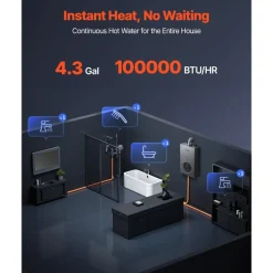 VEVOR Gas Tankless Water Heater, 4.3Gal Indoor 100000 BTU Instant Hot Water Heater, Smart Temperature Control & Clear LED Display & Multiple Security Protections for Whole House,Silver Gray