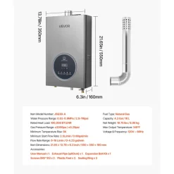 VEVOR Gas Tankless Water Heater, 4.3Gal Indoor 100000 BTU Instant Hot Water Heater, Smart Temperature Control & Clear LED Display & Multiple Security Protections for Whole House,Silver Gray