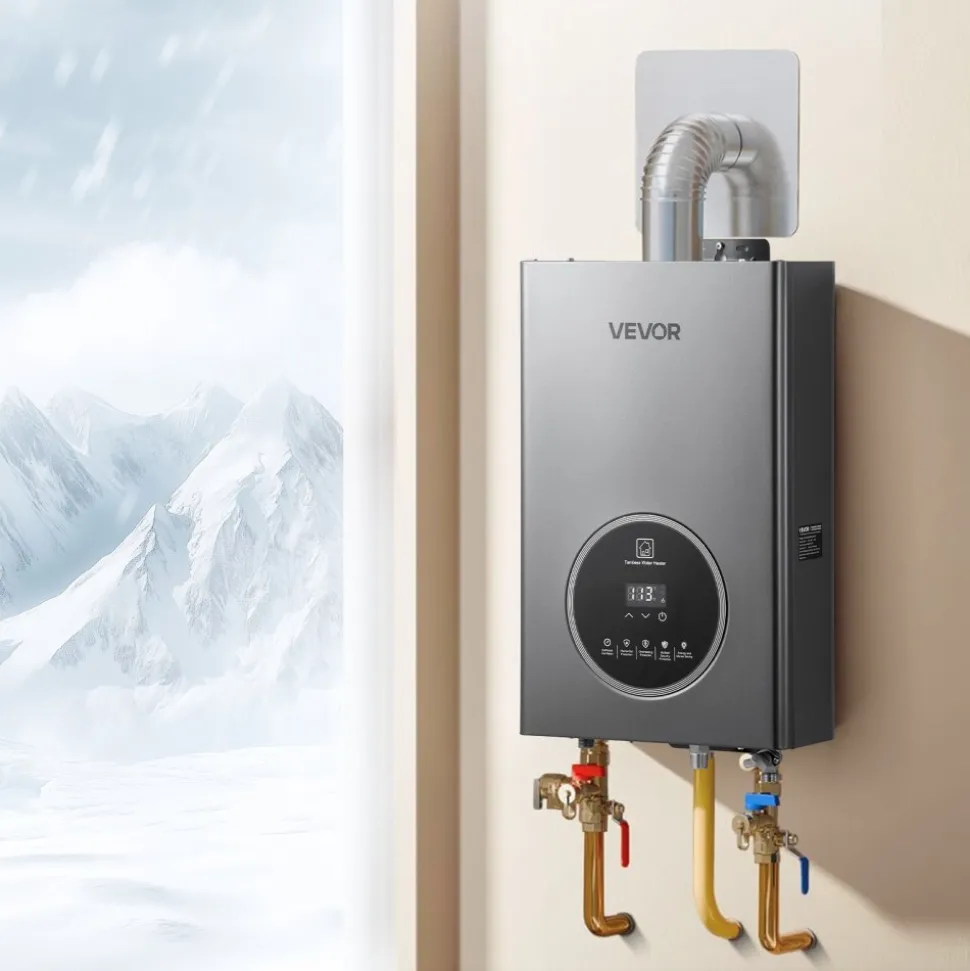 VEVOR Gas Tankless Water Heater, 4.3Gal Indoor 100000 BTU Instant Hot Water Heater, Smart Temperature Control & Clear LED Display & Multiple Security Protections for Whole House,Silver Gray