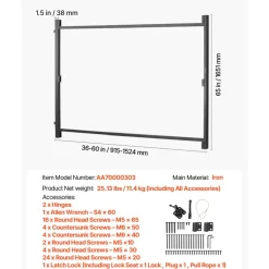 VEVOR Gate Building Kit, Fits 36 to 60 in Wide Openings, Up from 6 to 7 ft High Fence, Adjustable Gate Building Kit, Anti Sag Full Gate Frame Kit with Latch Lock and Screws, for Wooden Fence, Iron
