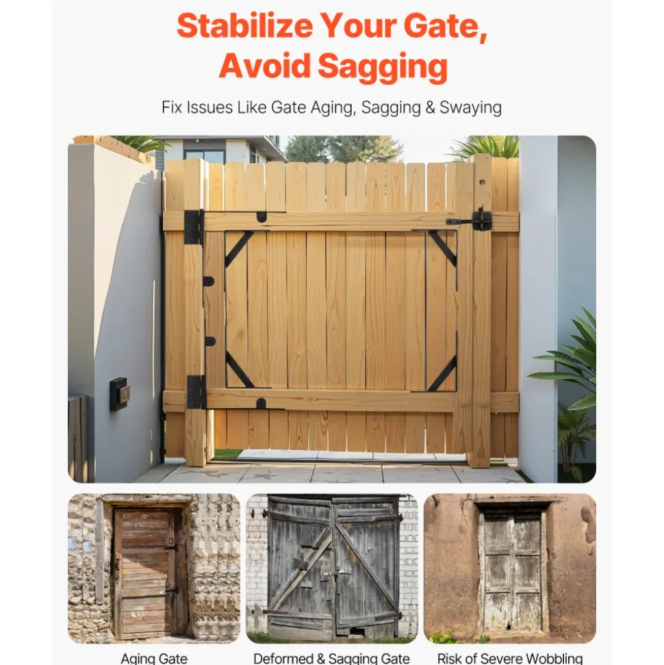 VEVOR Gate Corner Brace Bracket, 2 Sets, Anti Sag Gate Frame Hardware Kit, Gate Frame Brace Bracket with Latch Lock, Screws, for Shed Doors, Corral Gates, Driveway Gates, Wood Windows, Iron, Black