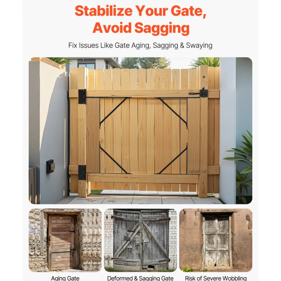 VEVOR Gate Corner Brace Bracket, Anti Sag Gate Frame Hardware Kit, Gate Frame Brace Bracket with Latch Lock, Latch Lock Rope, for Shed Doors, Corral Gates, Driveway Gates, Stable Gates, Iron, Black