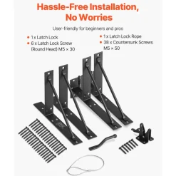VEVOR Gate Corner Brace Bracket, Anti Sag Gate Frame Hardware Kit, Gate Frame Brace Bracket with Latch Lock, Latch Lock Rope, for Shed Doors, Corral Gates, Driveway Gates, Stable Gates, Iron, Black