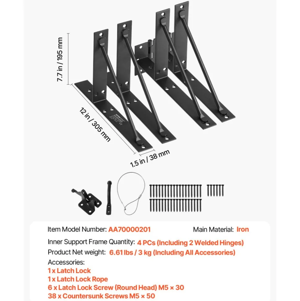 VEVOR Gate Corner Brace Bracket, Anti Sag Gate Frame Hardware Kit, Gate Frame Brace Bracket with Latch Lock, Latch Lock Rope, for Shed Doors, Corral Gates, Driveway Gates, Stable Gates, Iron, Black
