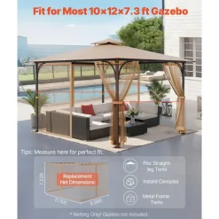 VEVOR Gazebo Netting Replacement, Fit Most 10 x 12 x 7.3 FT Gazebo, Outdoor Garden Gazebo Net, 4-Panel Sidewall Mesh Gazebo Curtain, Patio Midge Netting with Double Zipper, Canopy Screen (Netting Only)