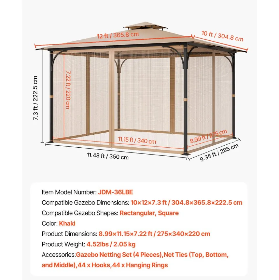 VEVOR Gazebo Netting Replacement, Fit Most 10 x 12 x 7.3 FT Gazebo, Outdoor Garden Gazebo Net, 4-Panel Sidewall Mesh Gazebo Curtain, Patio Midge Netting with Double Zipper, Canopy Screen (Netting Only)