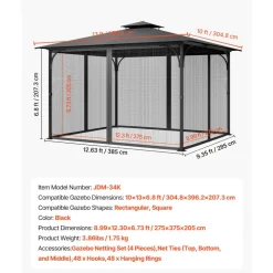 VEVOR Gazebo Netting Replacement, Fit Most 10 x 13 x 6.8 FT Gazebo Curtain, Outdoor Garden Net, 4-Panel Sidewall Mesh Net, Patio Midge Netting with Double Zipper, Canopy Screen (Netting Only)
