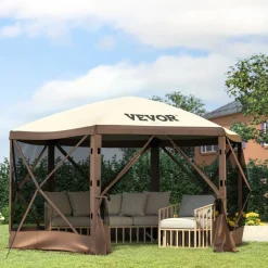 VEVOR Gazebo Screen Tent, 10 x 10 ft, 6 Sided Pop-up Camping Canopy Shelter Tent with Mesh Windows, Portable Carry Bag, Ground Stakes, Large Shade Tents for Outdoor Camping, Lawn and Backyard