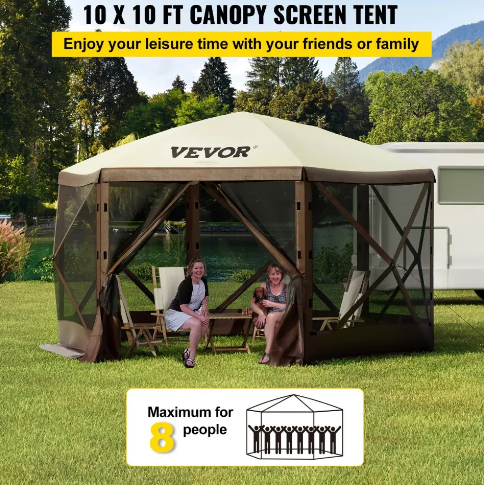 VEVOR Gazebo Screen Tent, 10 x 10 ft, 6 Sided Pop-up Camping Canopy Shelter Tent with Mesh Windows, Portable Carry Bag, Ground Stakes, Large Shade Tents for Outdoor Camping, Lawn and Backyard