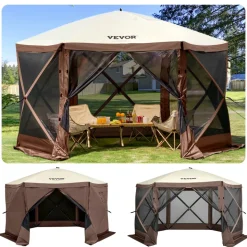 VEVOR Gazebo Screen Tent, 10 x 10 ft, 6 Sided Pop-up Camping Canopy Shelter Tent with Mesh Windows, Portable Carry Bag, Ground Stakes, Large Shade Tents for Outdoor Camping, Lawn and Backyard
