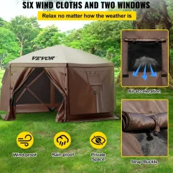 VEVOR Gazebo Screen Tent, 10 x 10 ft, 6 Sided Pop-up Camping Canopy Shelter Tent with Mesh Windows, Portable Carry Bag, Ground Stakes, Large Shade Tents for Outdoor Camping, Lawn and Backyard