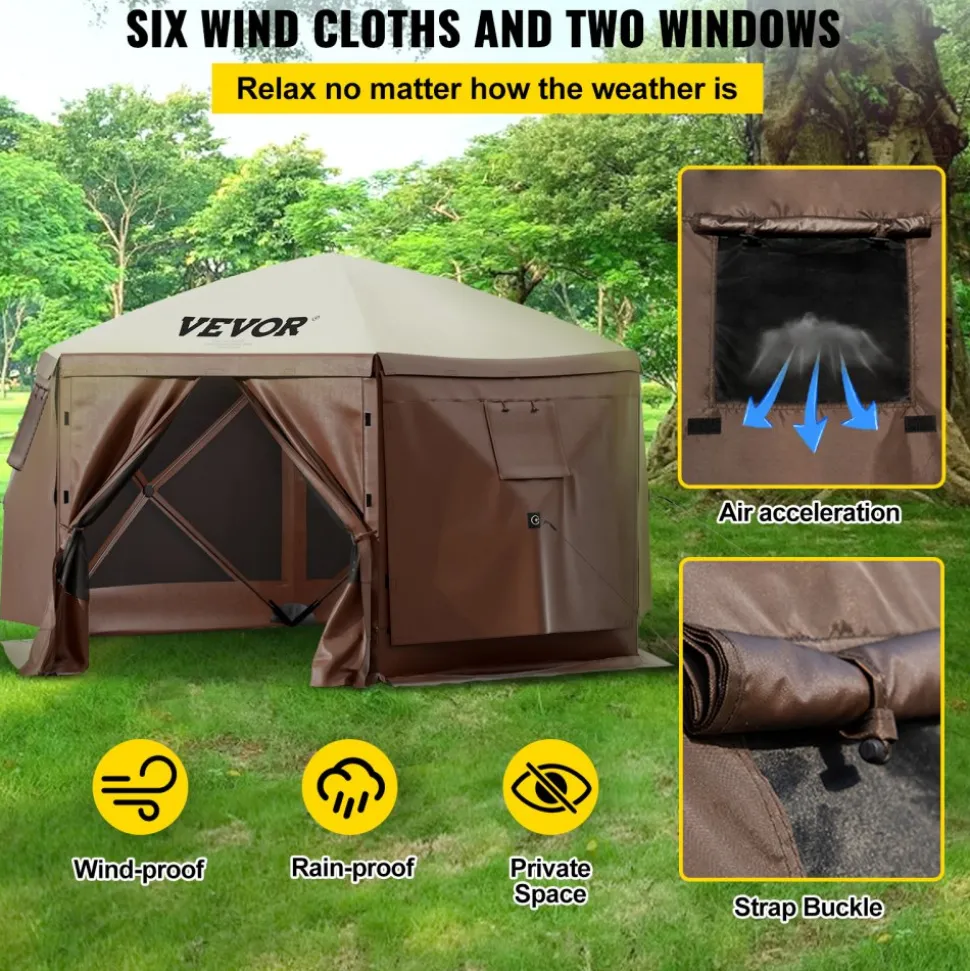 VEVOR Gazebo Screen Tent, 10 x 10 ft, 6 Sided Pop-up Camping Canopy Shelter Tent with Mesh Windows, Portable Carry Bag, Ground Stakes, Large Shade Tents for Outdoor Camping, Lawn and Backyard