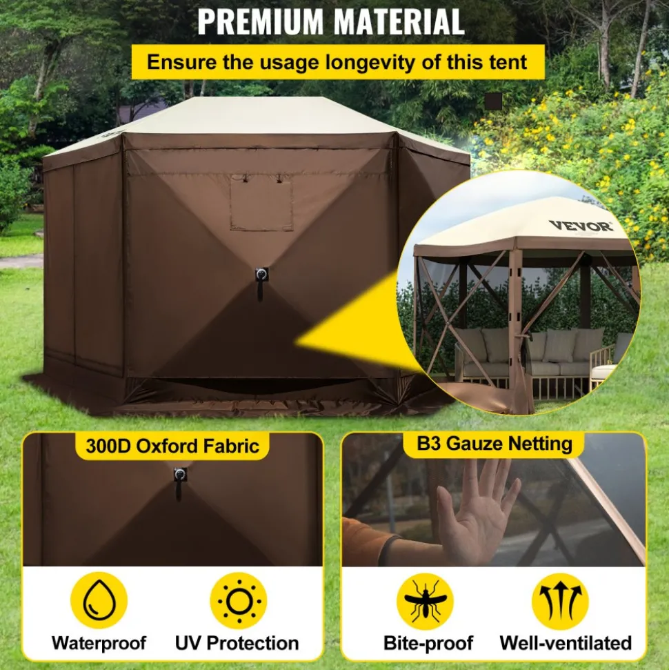 VEVOR Gazebo Screen Tent, 10 x 10 ft, 6 Sided Pop-up Camping Canopy Shelter Tent with Mesh Windows, Portable Carry Bag, Ground Stakes, Large Shade Tents for Outdoor Camping, Lawn and Backyard