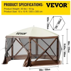VEVOR Gazebo Screen Tent, 10 x 10 ft, 6 Sided Pop-up Camping Canopy Shelter Tent with Mesh Windows, Portable Carry Bag, Ground Stakes, Large Shade Tents for Outdoor Camping, Lawn and Backyard
