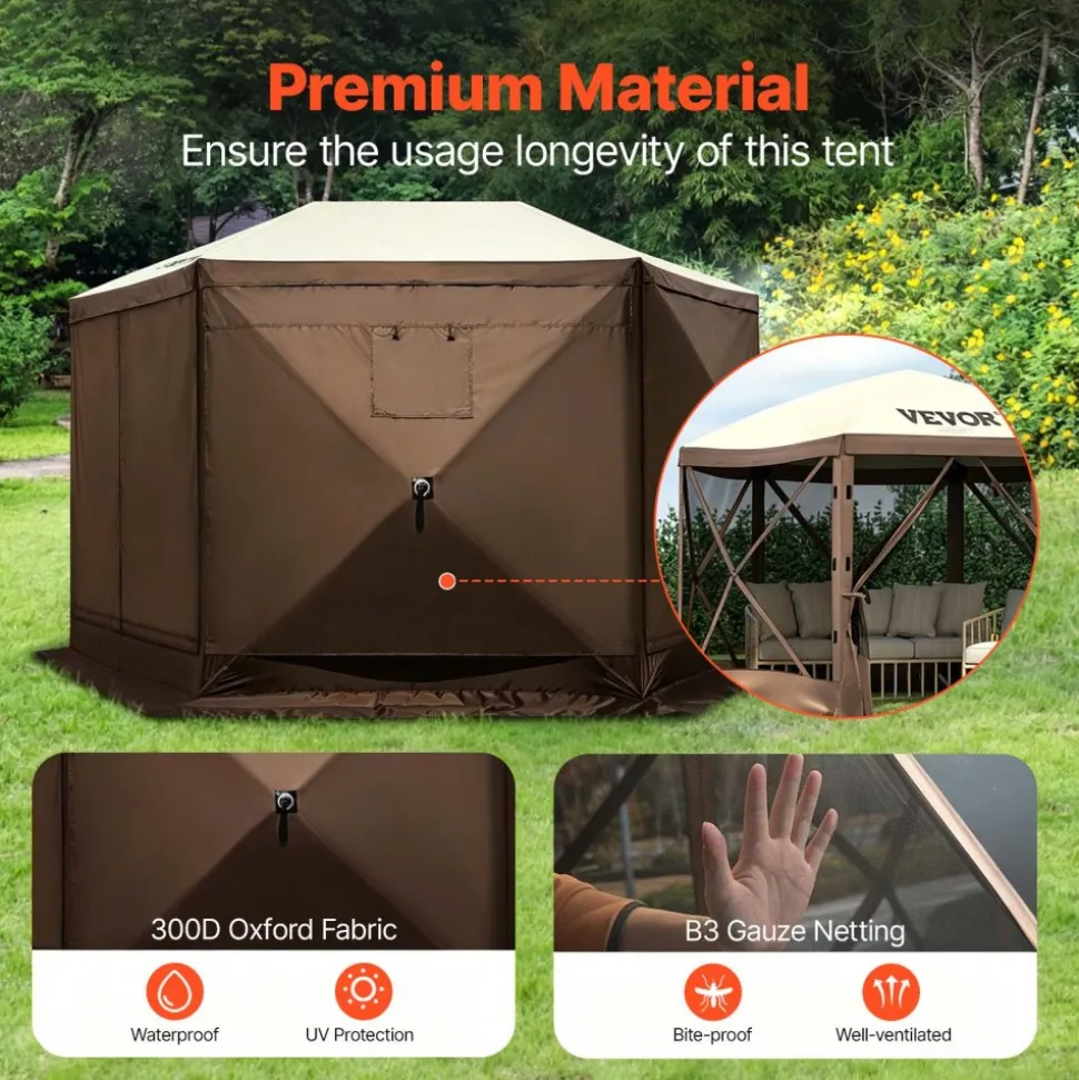 VEVOR Gazebo Screen Tent, 12 x 12 ft, 6 Sided Pop-up Camping Canopy Shelter Tent with Mesh Windows, Portable Carry Bag, Ground Stakes, Large Shade Tents for Outdoor Camping, Lawn and Backyard