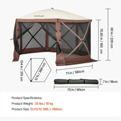 VEVOR Gazebo Screen Tent, 12 x 12 ft, 6 Sided Pop-up Camping Canopy Shelter Tent with Mesh Windows, Portable Carry Bag, Ground Stakes, Large Shade Tents for Outdoor Camping, Lawn and Backyard