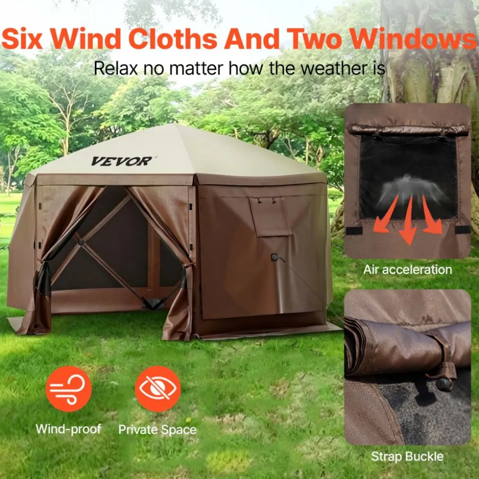VEVOR Gazebo Screen Tent, 12 x 12 ft, 6 Sided Pop-up Camping Canopy Shelter Tent with Mesh Windows, Portable Carry Bag, Ground Stakes, Large Shade Tents for Outdoor Camping, Lawn and Backyard
