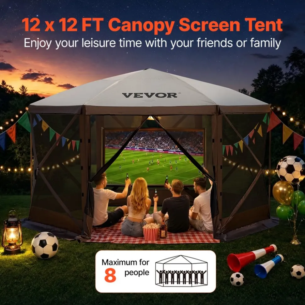 VEVOR Gazebo Screen Tent, 12 x 12 ft, 6 Sided Pop-up Camping Canopy Shelter Tent with Mesh Windows, Portable Carry Bag, Ground Stakes, Large Shade Tents for Outdoor Camping, Lawn and Backyard