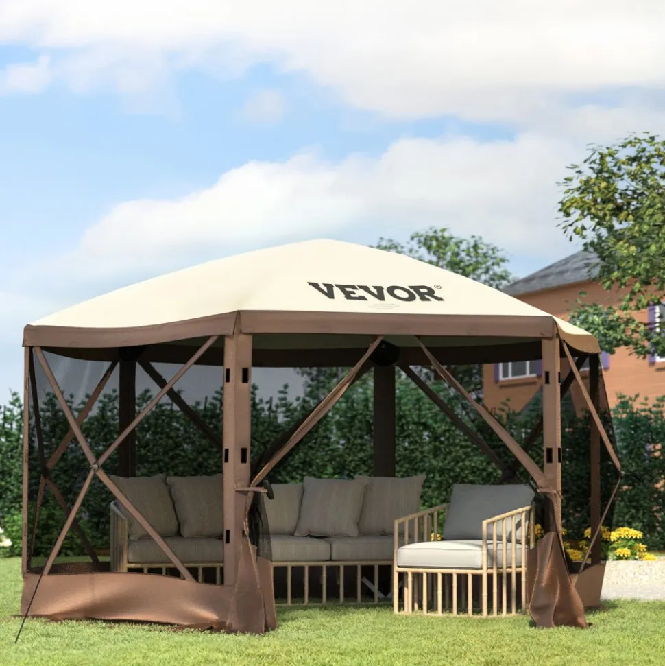VEVOR Gazebo Screen Tent, 12 x 12 ft, 6 Sided Pop-up Camping Canopy Shelter Tent with Mesh Windows, Portable Carry Bag, Ground Stakes, Large Shade Tents for Outdoor Camping, Lawn and Backyard