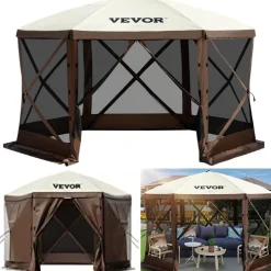 VEVOR Gazebo Screen Tent, 12 x 12 ft, 6 Sided Pop-up Camping Canopy Shelter Tent with Mesh Windows, Portable Carry Bag, Ground Stakes, Large Shade Tents for Outdoor Camping, Lawn and Backyard