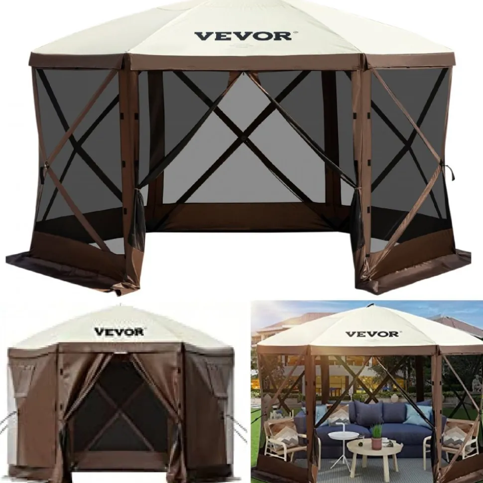 VEVOR Gazebo Screen Tent, 12 x 12 ft, 6 Sided Pop-up Camping Canopy Shelter Tent with Mesh Windows, Portable Carry Bag, Ground Stakes, Large Shade Tents for Outdoor Camping, Lawn and Backyard