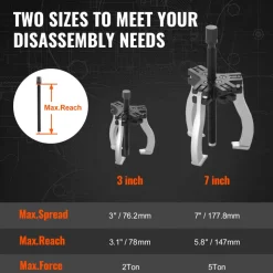 VEVOR Gear Puller Set, 3" and 7" Puller Kit, 3 Jaw Gear Bearing Flywheel Pulley Removal Tool, 2 or 3 Reversible Jaws Wheel Puller, Vertically and Horizontally, External and Internal, 2-Piece