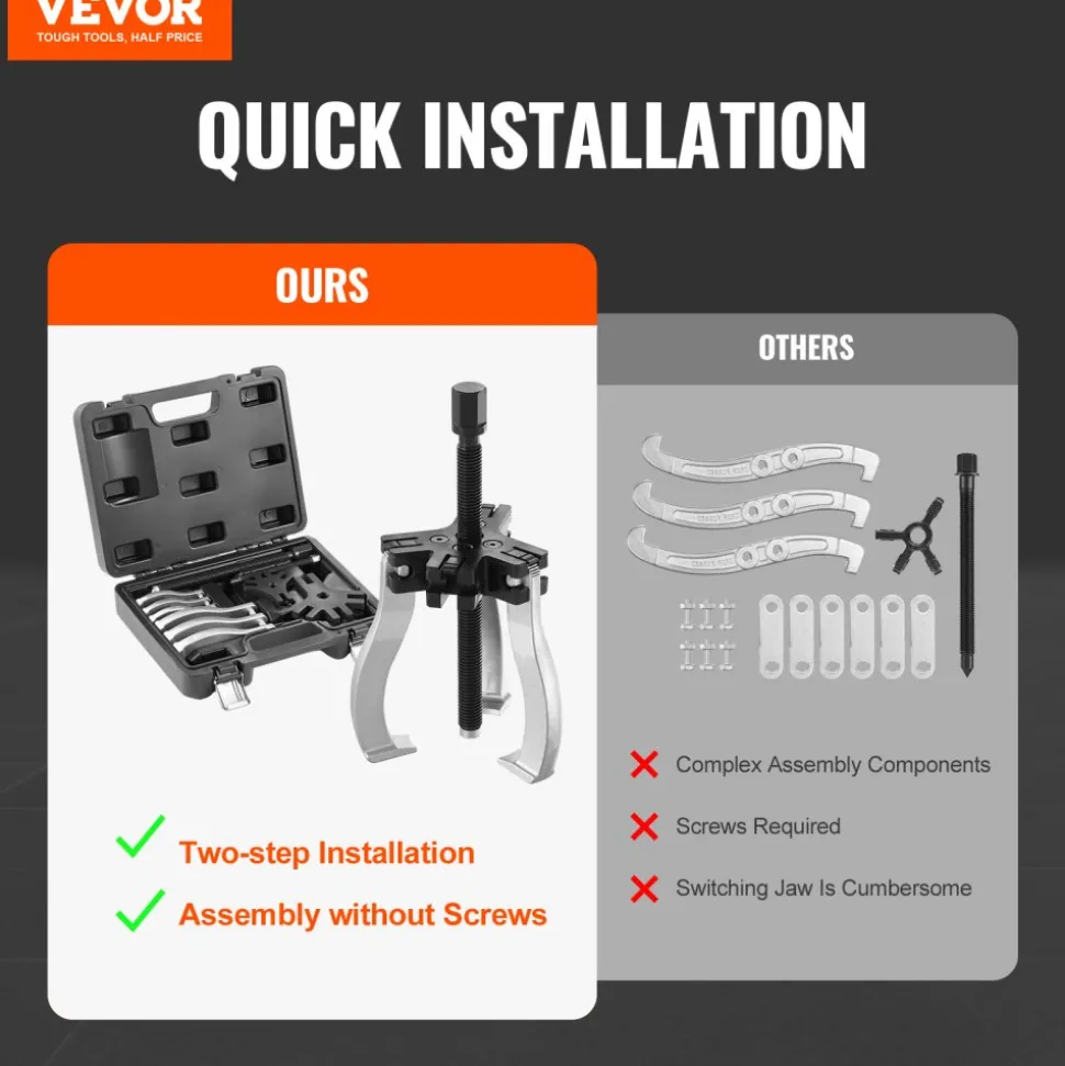 VEVOR Gear Puller Set, 3" and 7" Puller Kit, 3 Jaw Gear Bearing Flywheel Pulley Removal Tool, 2 or 3 Reversible Jaws Wheel Puller, Vertically and Horizontally, External and Internal, 2-Piece