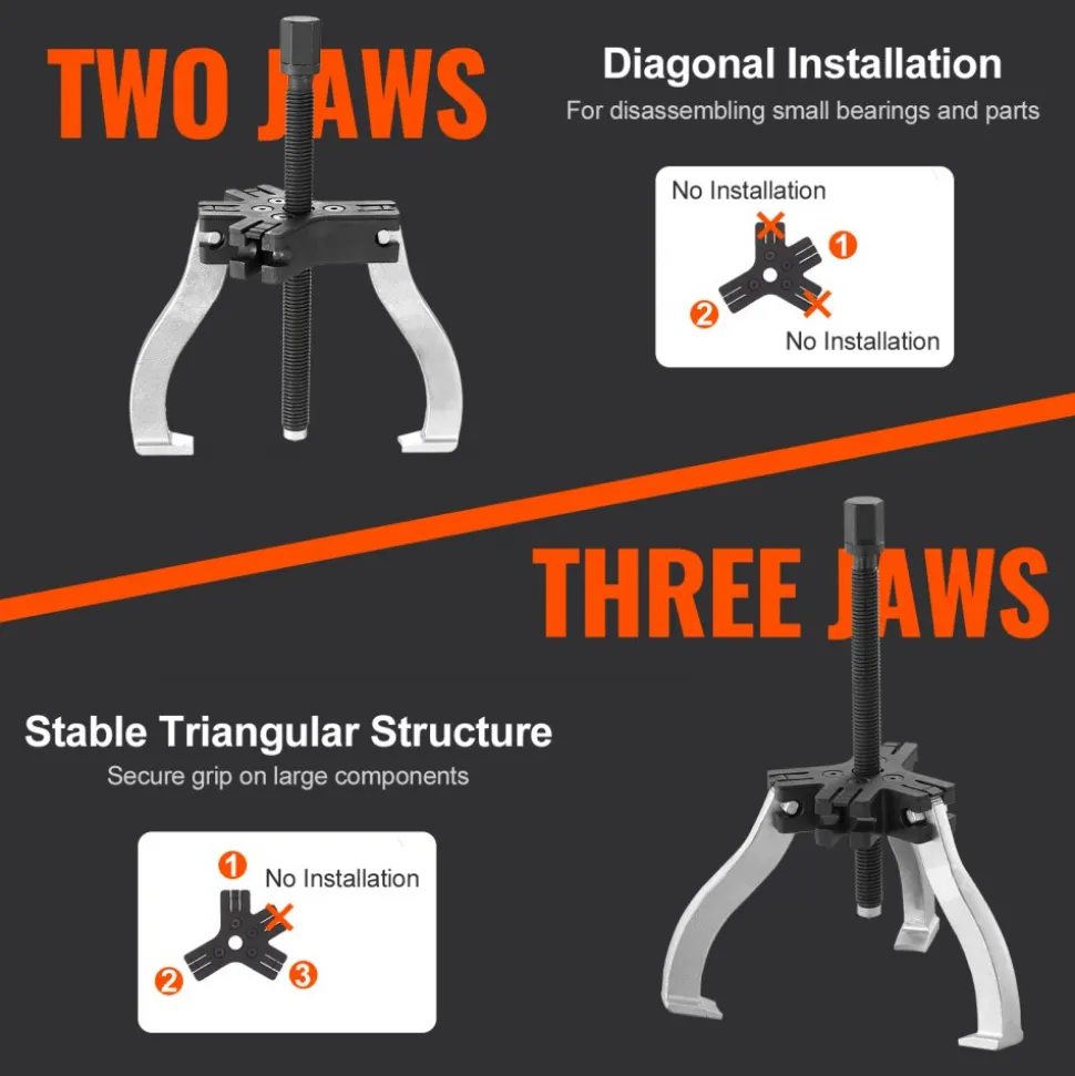 VEVOR Gear Puller Set, 3" and 7" Puller Kit, 3 Jaw Gear Bearing Flywheel Pulley Removal Tool, 2 or 3 Reversible Jaws Wheel Puller, Vertically and Horizontally, External and Internal, 2-Piece