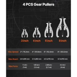 VEVOR Gear Puller Set, 3 in/4 in/6 in/8 in 3 Jaw Bearing Puller with Reversible Jaws, 2 Jaw/3 Jaw Pulley Puller Tool, 4 PCS Heavy Duty Bearing Puller Tool Kit for Pulley Gear Bearing Flywheel Removal