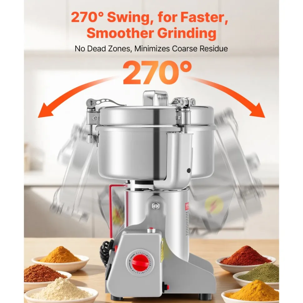 VEVOR 2500g Electric Grain Mill Grinder, 3400W 32000RPM High Speed Spice Corn Dry Grinding Machine, Stainless Steel Pulverizer Powder Machine for Dried Grains Coffee Beans Spices Nuts (270° Swing Type)