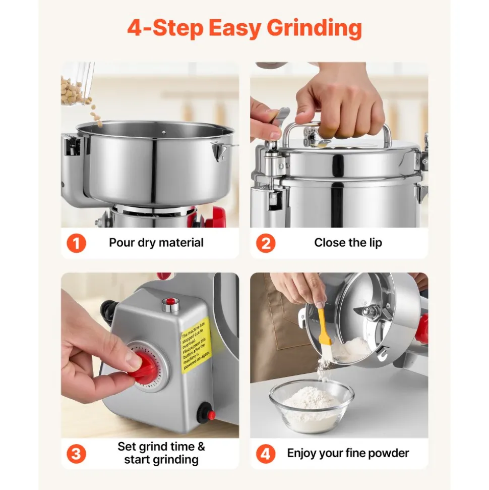 VEVOR 2500g Electric Grain Mill Grinder, 3400W 32000RPM High Speed Spice Corn Dry Grinding Machine, Stainless Steel Pulverizer Powder Machine for Dried Grains Coffee Beans Spices Nuts (270° Swing Type)