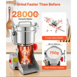 VEVOR 750g Electric Grain Mill Grinder, 2000W 28000RPM High Speed Spice Corn Dry Grinding Machine, Stainless Steel Pulverizer Powder Machine for Dried Grains Coffee Beans Spices Nuts (270° Swing Type)