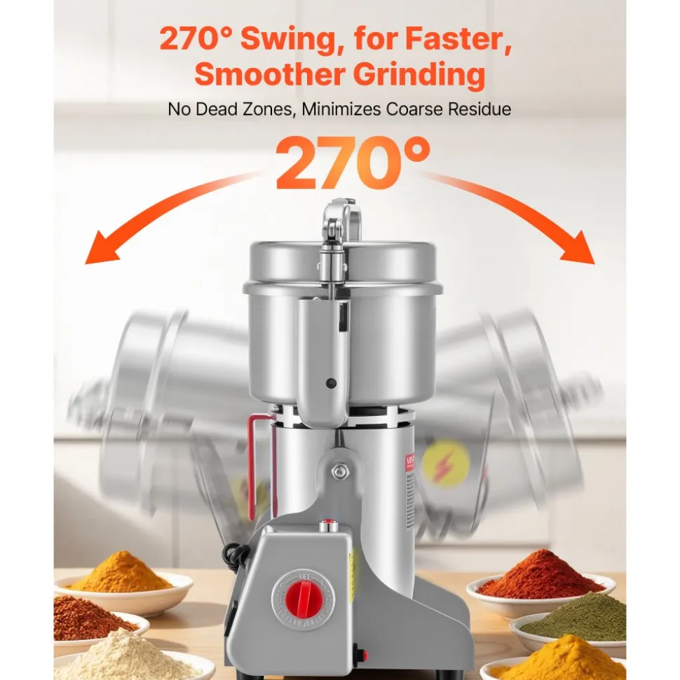 VEVOR 750g Electric Grain Mill Grinder, 2000W 28000RPM High Speed Spice Corn Dry Grinding Machine, Stainless Steel Pulverizer Powder Machine for Dried Grains Coffee Beans Spices Nuts (270° Swing Type)