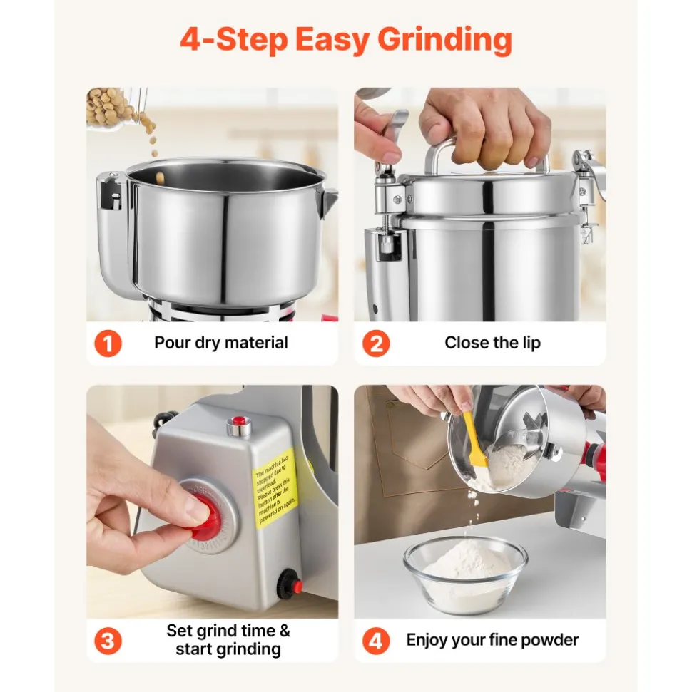 VEVOR 750g Electric Grain Mill Grinder, 2000W 28000RPM High Speed Spice Corn Dry Grinding Machine, Stainless Steel Pulverizer Powder Machine for Dried Grains Coffee Beans Spices Nuts (270° Swing Type)