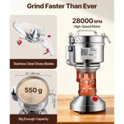 VEVOR 500g Electric Grain Mill Grinder, 2000W 28000RPM High Speed Spice Corn Dry Grinding Machine, Stainless Steel Pulverizer Powder Machine for Dried Grains Coffee Beans Spices Nuts (270° Swing Type)