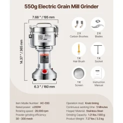 VEVOR 500g Electric Grain Mill Grinder, 2000W 28000RPM High Speed Spice Corn Dry Grinding Machine, Stainless Steel Pulverizer Powder Machine for Dried Grains Coffee Beans Spices Nuts (270° Swing Type)