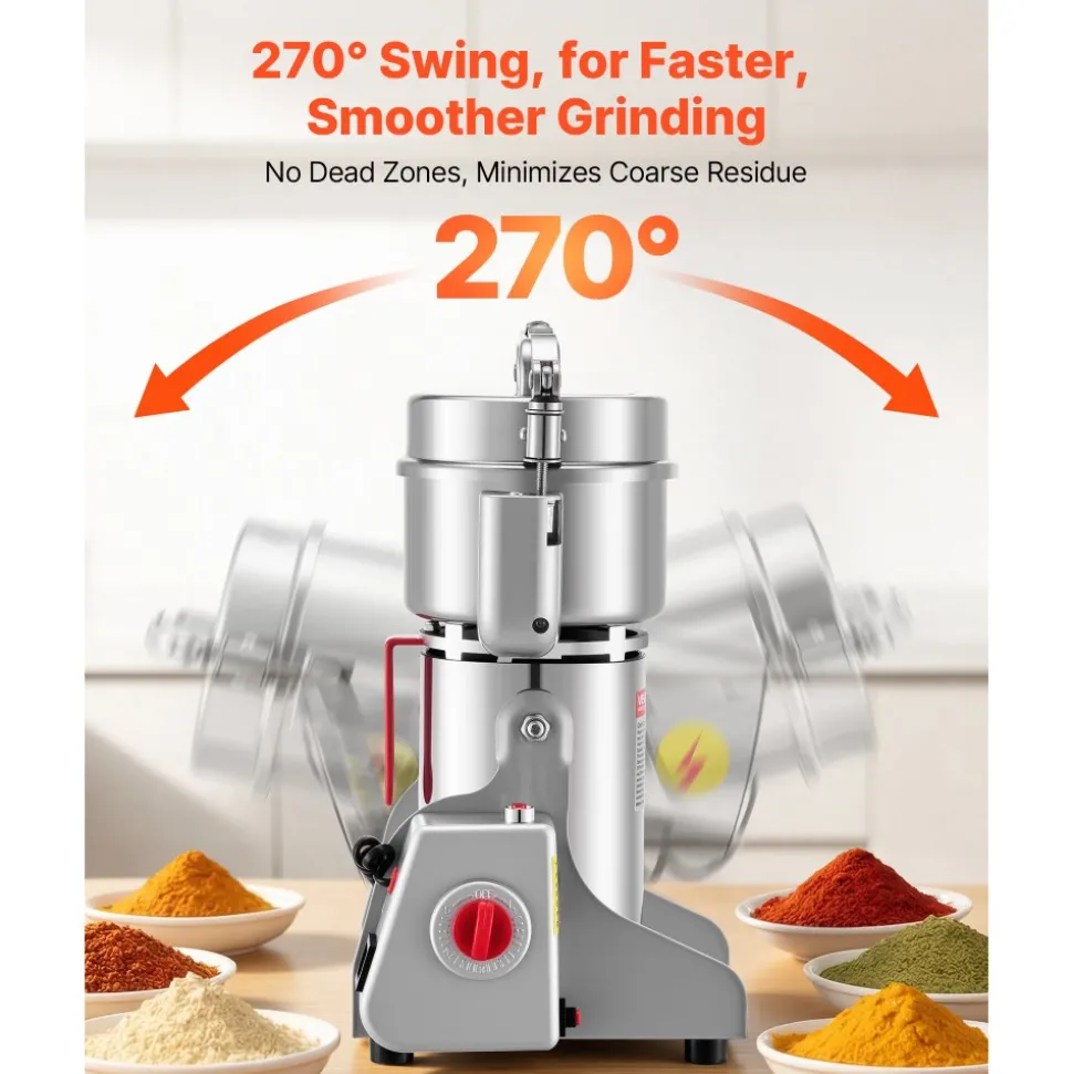 VEVOR 300g Electric Grain Mill Grinder, 1500W 28000RPM High Speed Spice Corn Dry Grinding Machine, Stainless Steel Pulverizer Powder Machine for Dried Grains Coffee Beans Spices Nuts (270° Swing Type)