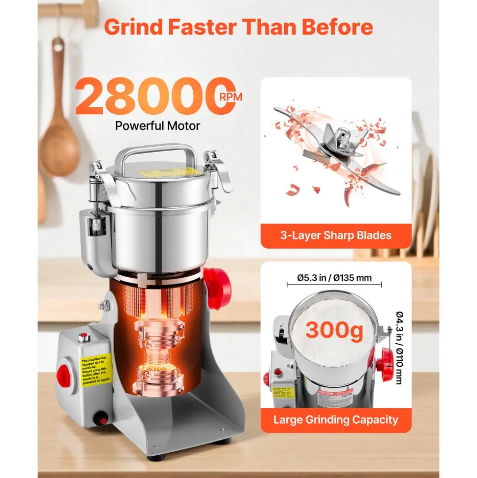 VEVOR 300g Electric Grain Mill Grinder, 1500W 28000RPM High Speed Spice Corn Dry Grinding Machine, Stainless Steel Pulverizer Powder Machine for Dried Grains Coffee Beans Spices Nuts (270° Swing Type)