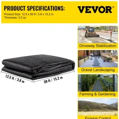 VEVOR Geotextile Fabric, 12.5 x 50 ft 3.5oz Woven PP Driveway Drain Cloth with 600lbs Tensile Strength, Heavy Duty Underlayment for Soil Stabilization, Landscaping, Weed Barrier, 12.5FT50FT-3.5OZ, Bla